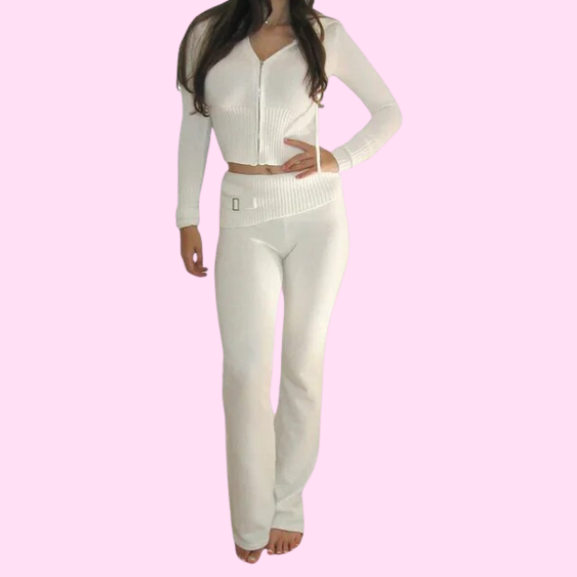 Anouk Ribbed Knit Set with Zip-Front Cardigan