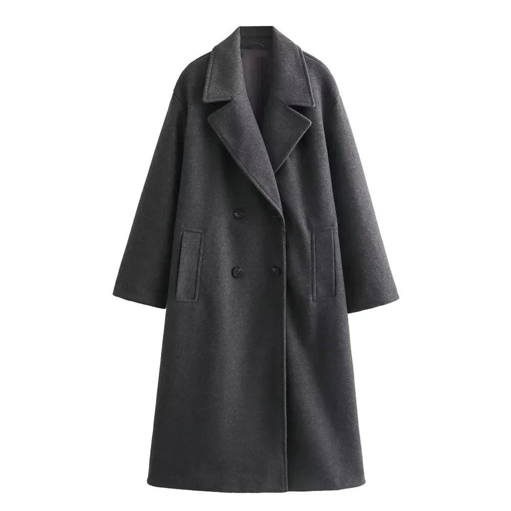 Aria Double-Breasted Coat with Wide Lapels for Women - Gray