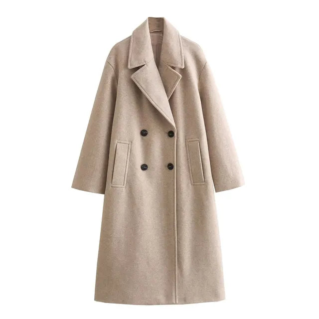 Aria Double-Breasted Coat with Wide Lapels for Women - Beige