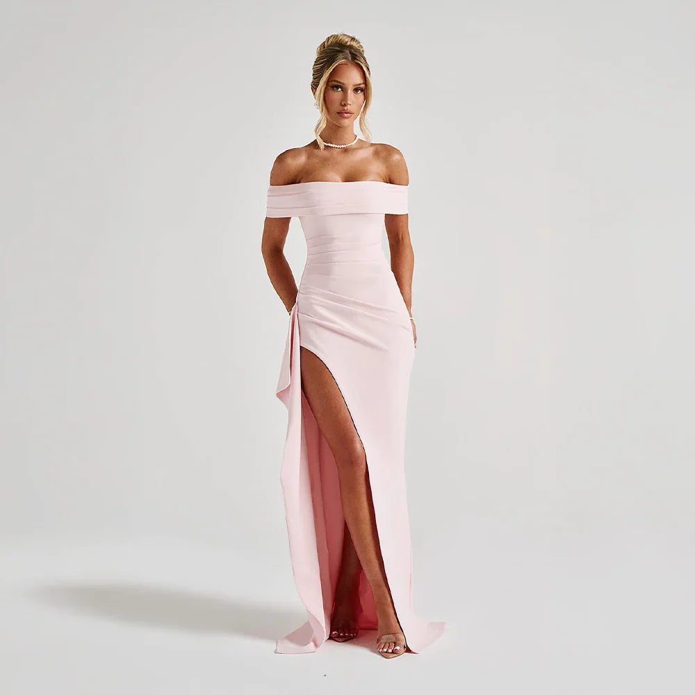 Aurelia Maxi Dress with Off-Shoulder Neckline and Slit - Pink