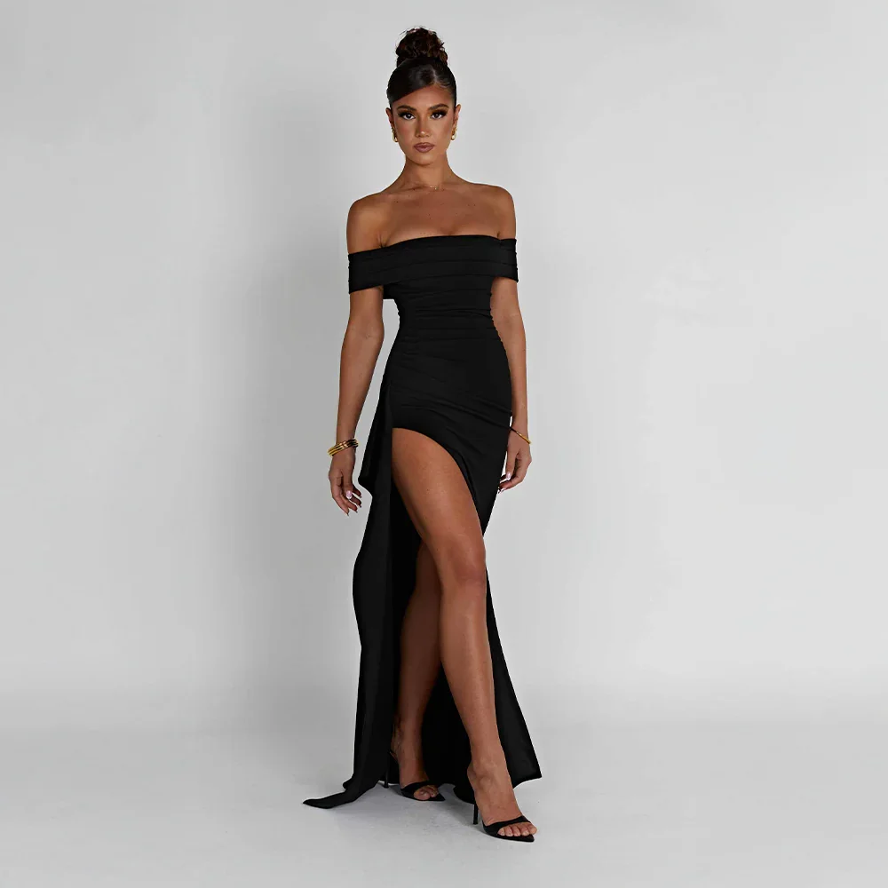 Aurelia Maxi Dress with Off-Shoulder Neckline and Slit - Black