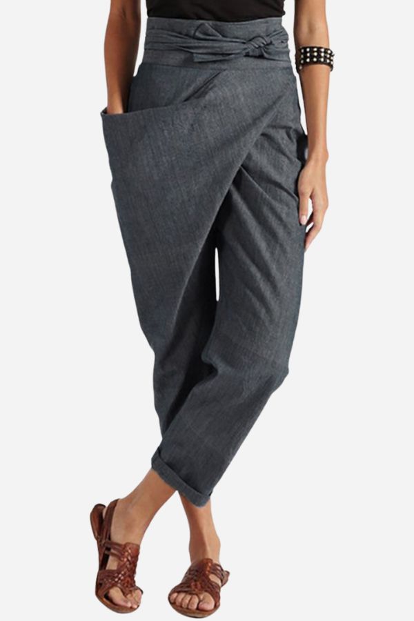 Bella High-Waist Tapered Pants with Wrap Waistband - Gray