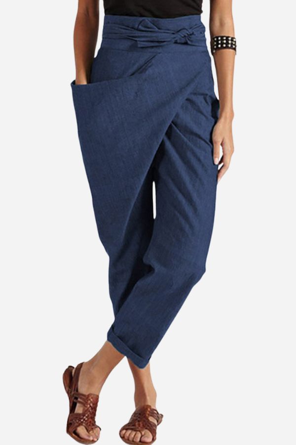 Bella High-Waist Tapered Pants with Wrap Waistband - Navy Blue