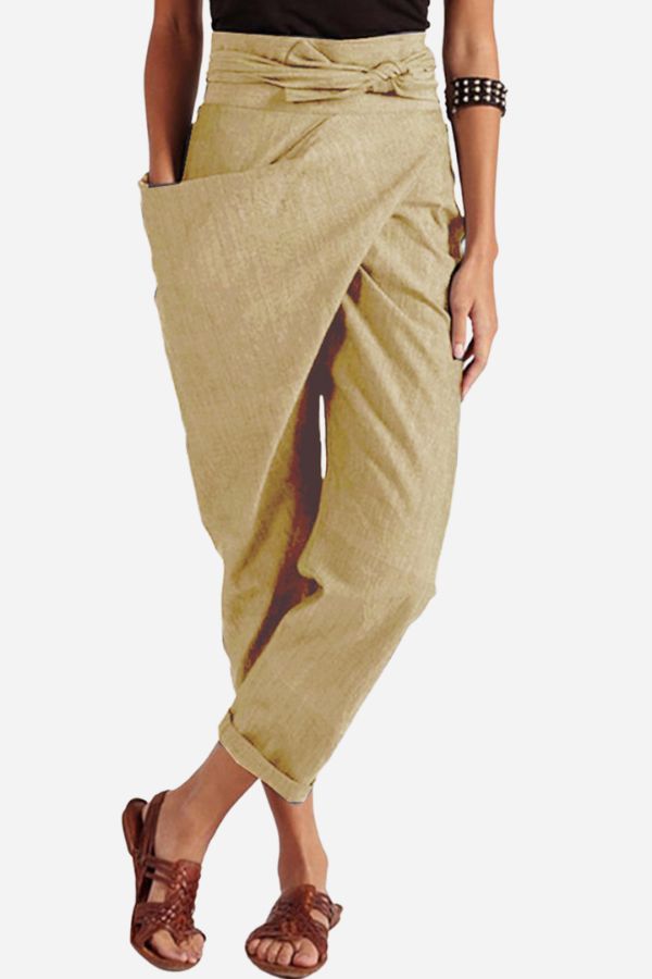 Bella High-Waist Tapered Pants with Wrap Waistband - Beige