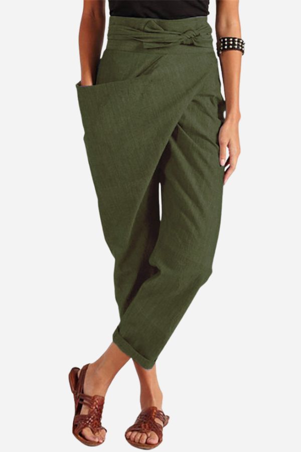 Bella High-Waist Tapered Pants with Wrap Waistband - Army Green
