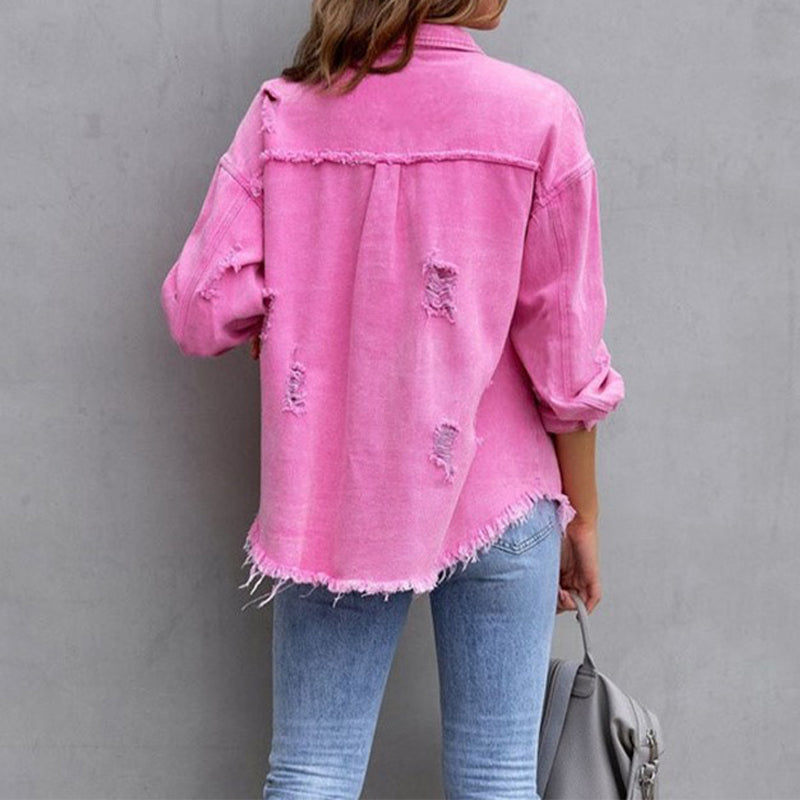 Billie Denim Jacket with Chest Pockets and Frayed Hem