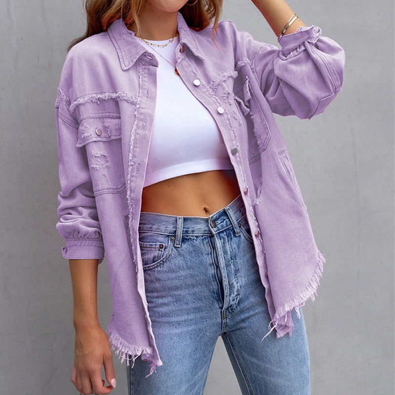 Billie Denim Jacket with Chest Pockets and Frayed Hem - Purple
