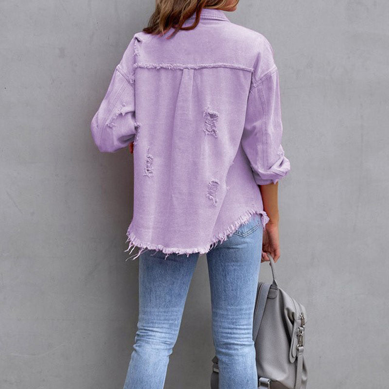 Billie Denim Jacket with Chest Pockets and Frayed Hem