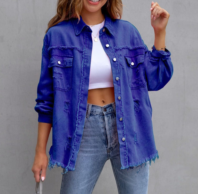 Billie Denim Jacket with Chest Pockets and Frayed Hem - Blue