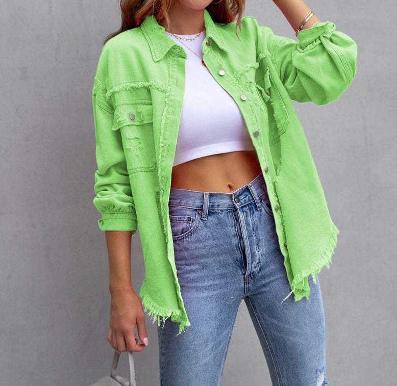 Billie Denim Jacket with Chest Pockets and Frayed Hem - Light Green