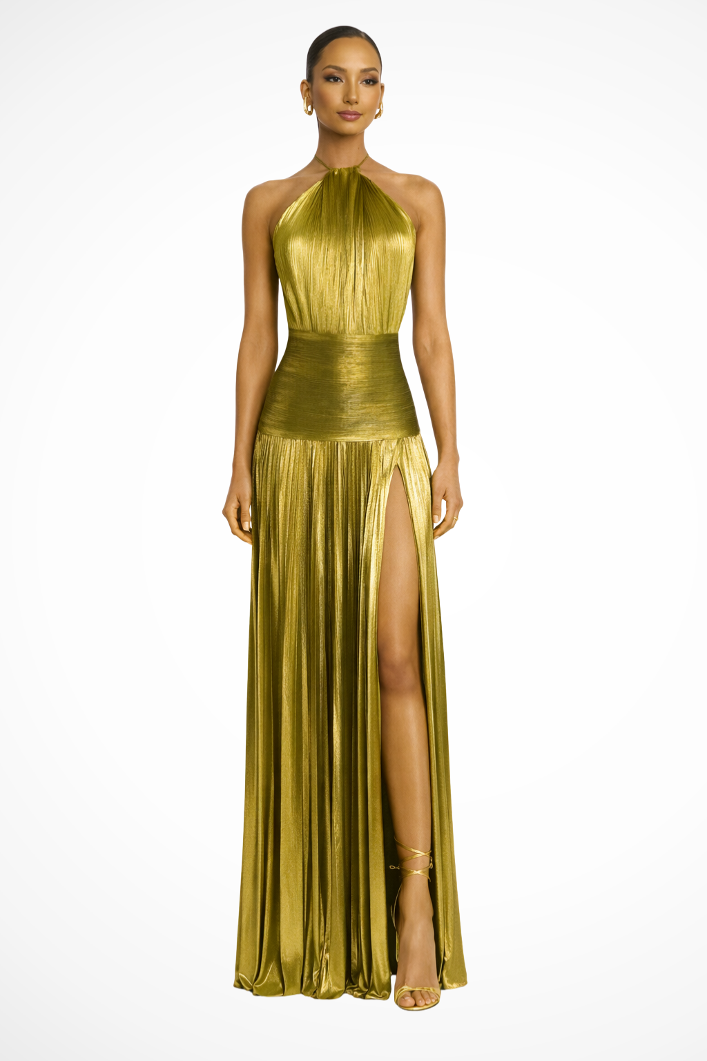 Clara Satin Halter Gown with Pleated Skirt and Slit - Gold