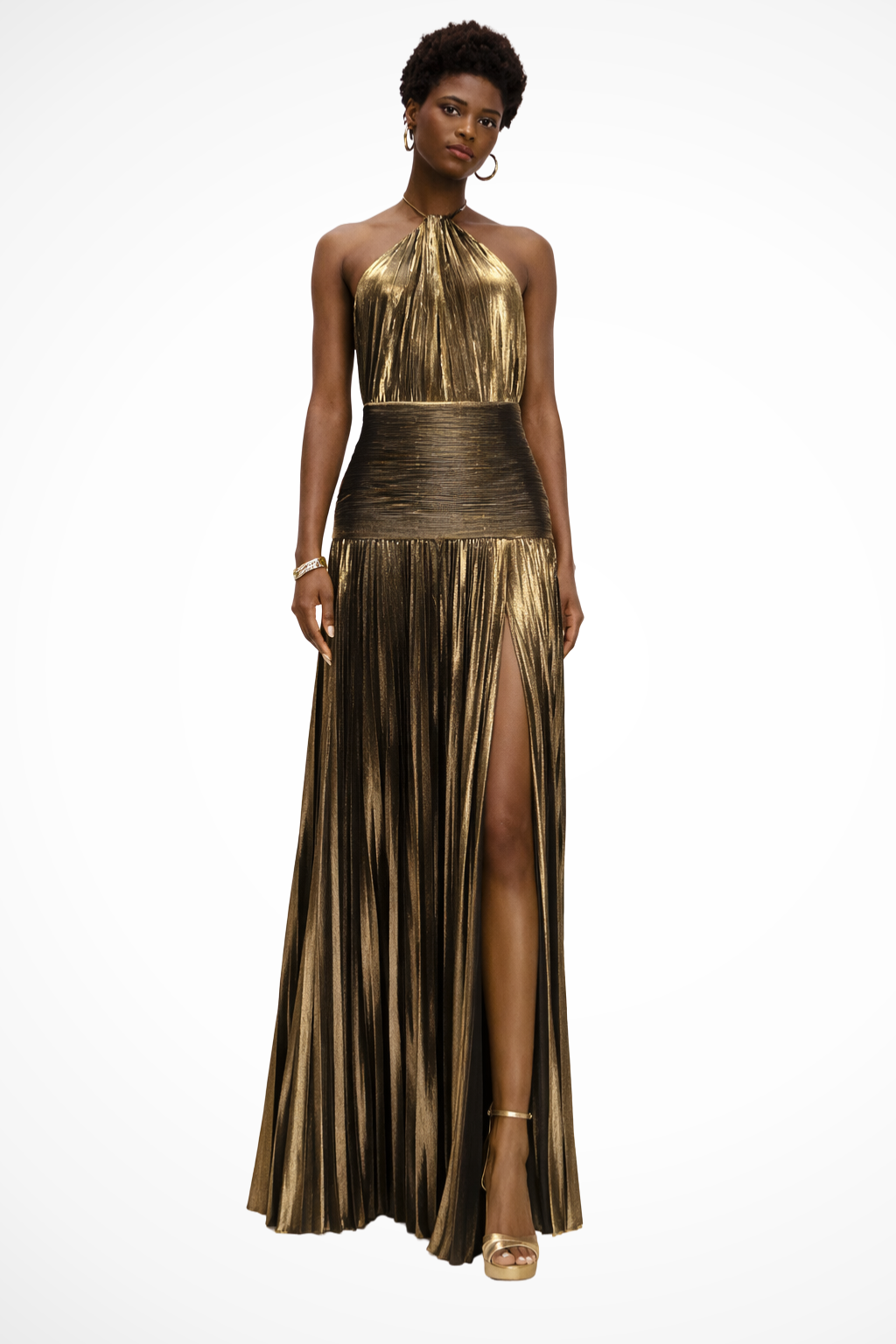 Clara Satin Halter Gown with Pleated Skirt and Slit - Antique Gold