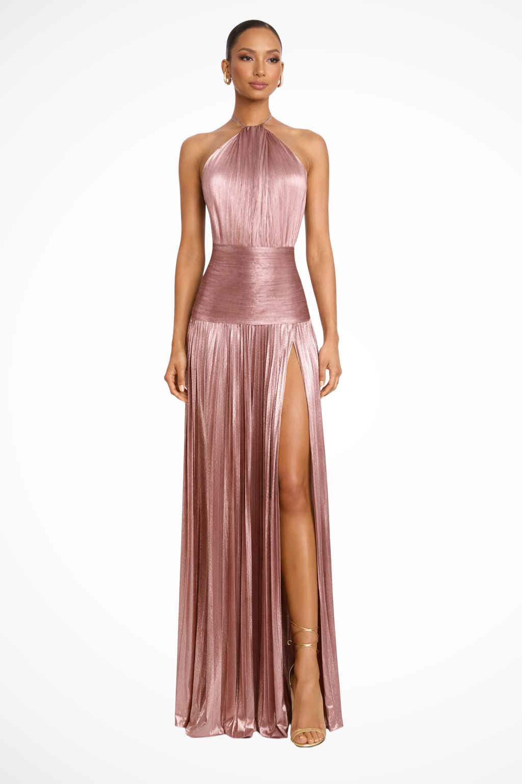 Clara Satin Halter Gown with Pleated Skirt and Slit - Pink