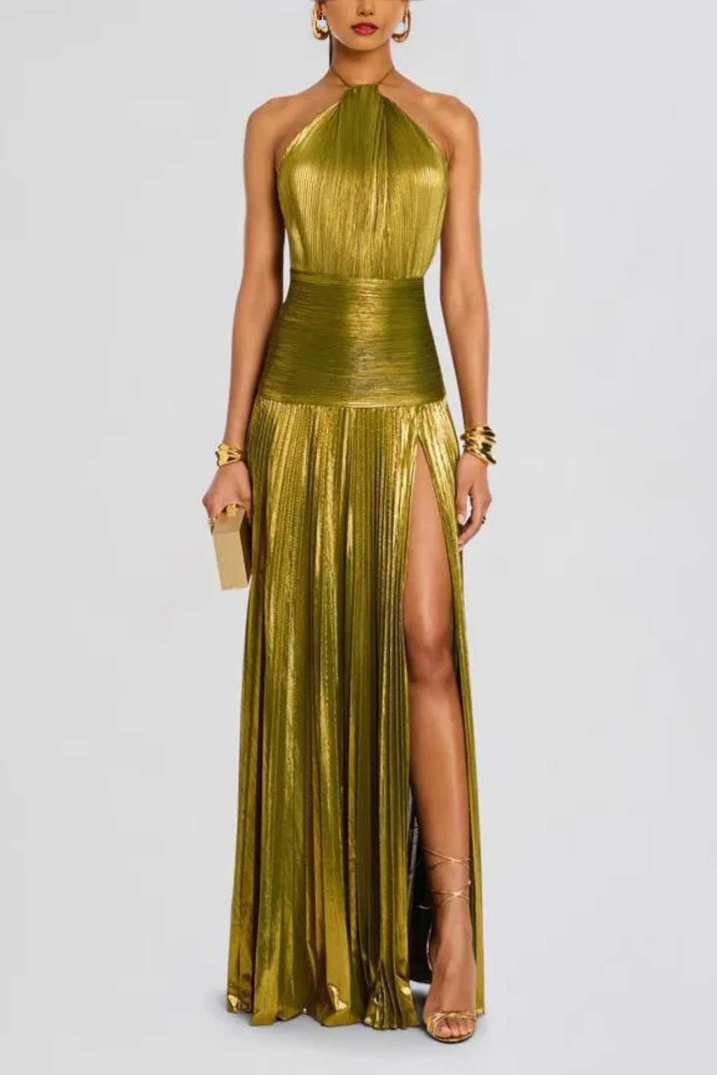 Clara Satin Halter Gown with Pleated Skirt and Slit