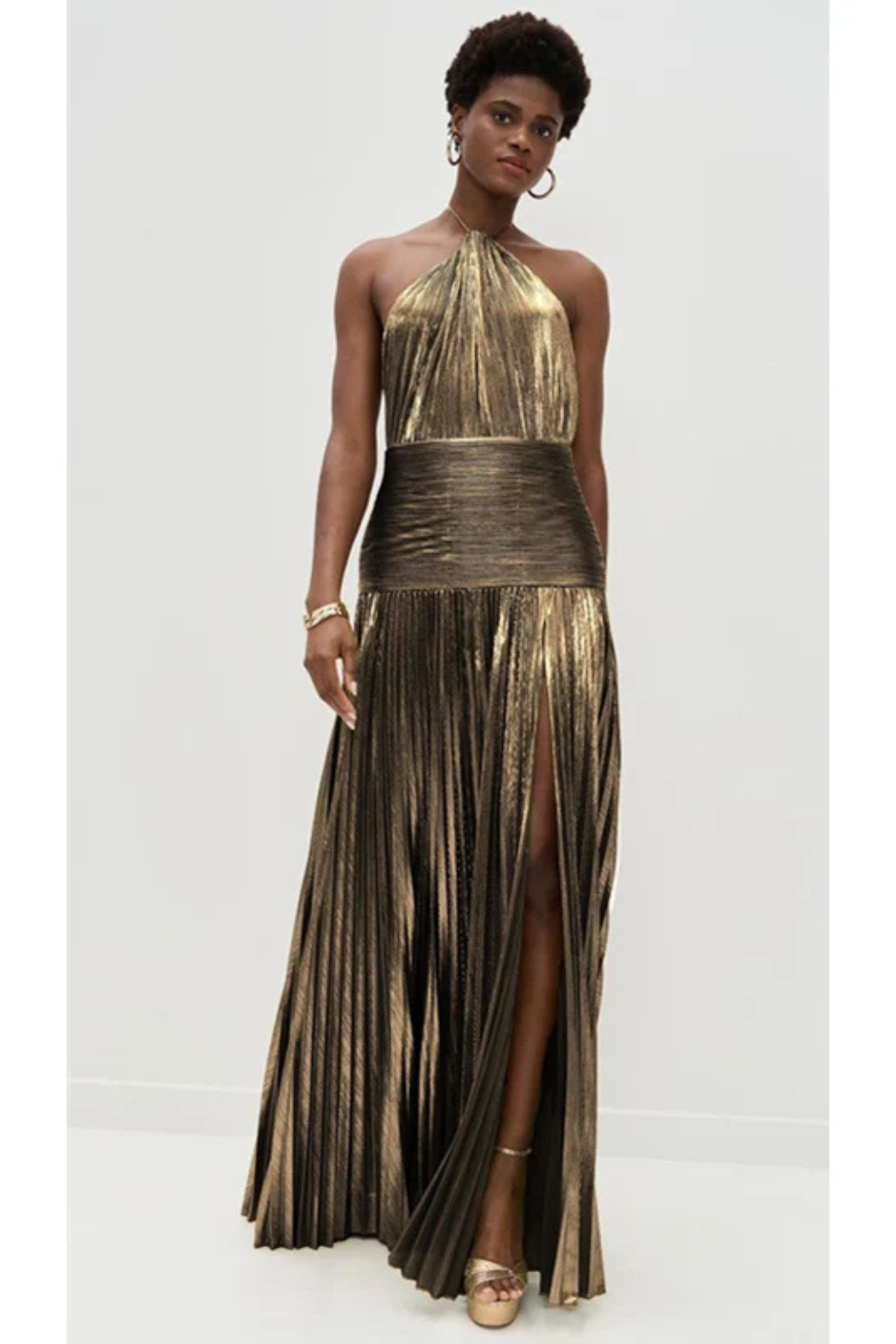 Clara Satin Halter Gown with Pleated Skirt and Slit