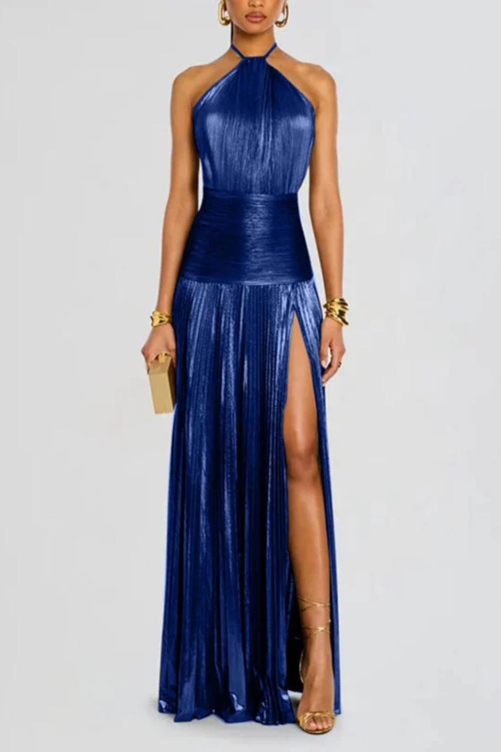 Clara Satin Halter Gown with Pleated Skirt and Slit
