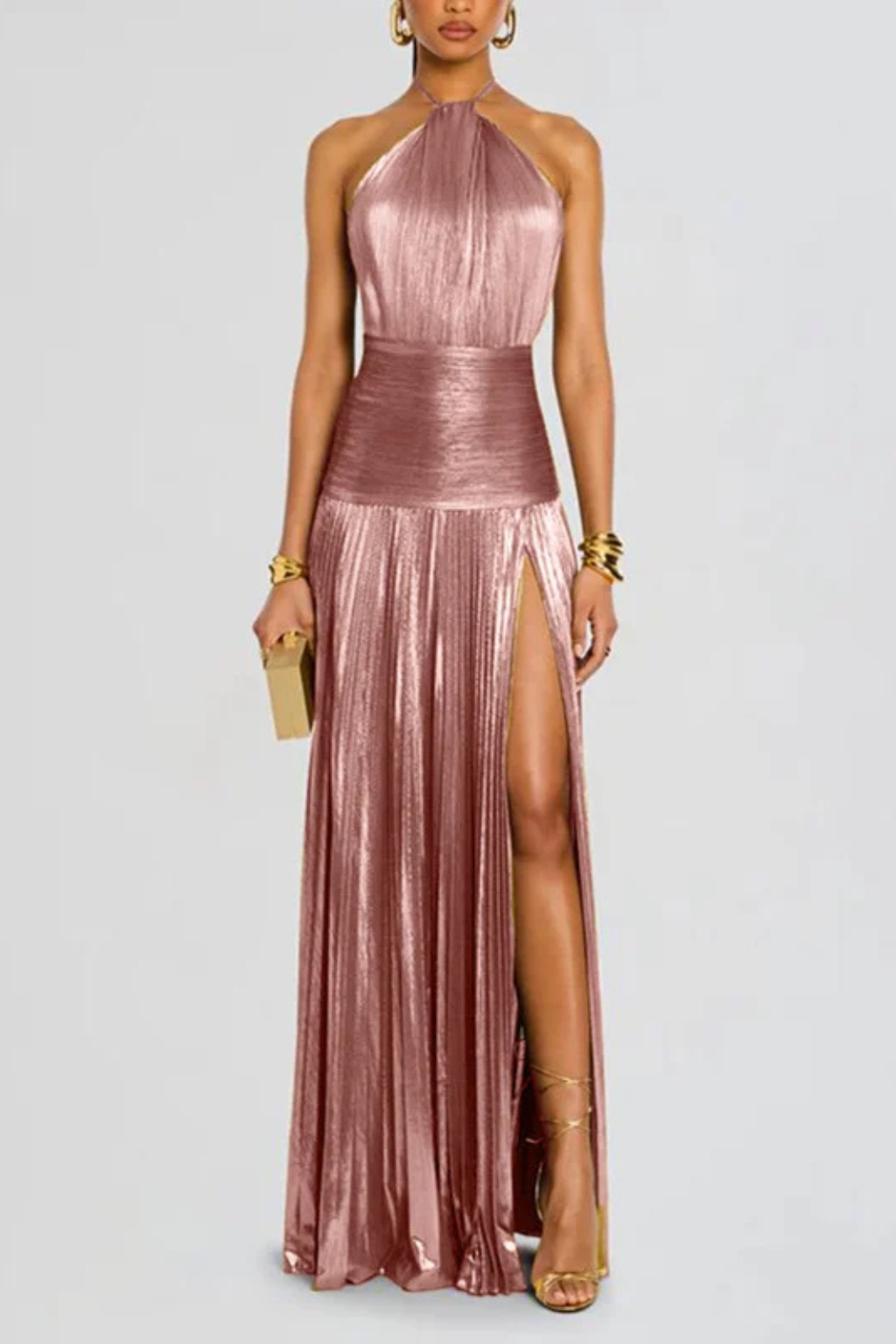 Clara Satin Halter Gown with Pleated Skirt and Slit