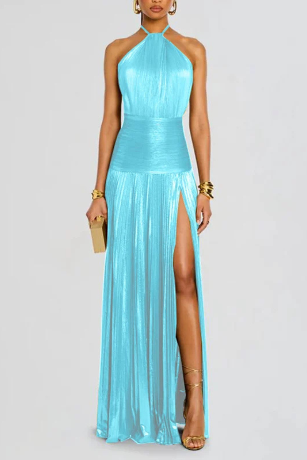 Clara Satin Halter Gown with Pleated Skirt and Slit