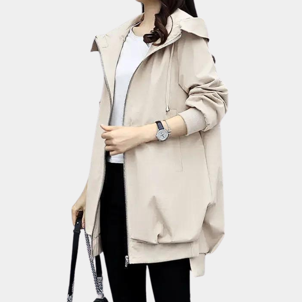 Clementine Hooded Longline Jacket with Zip Front - Beige