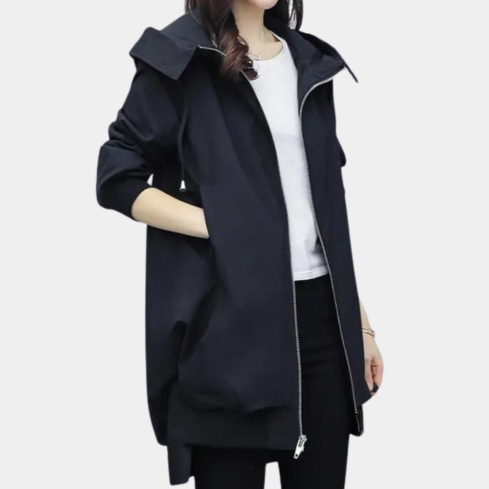 Clementine Hooded Longline Jacket with Zip Front - Black