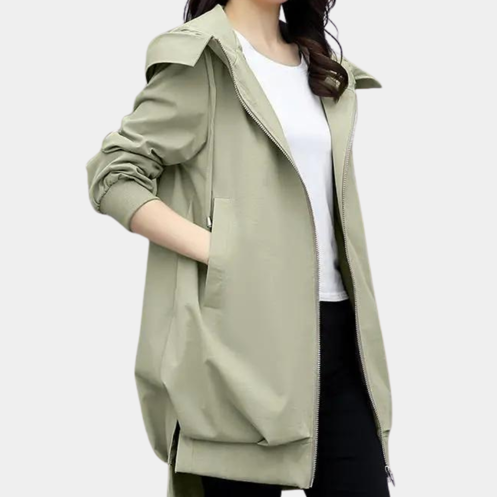 Clementine Hooded Longline Jacket with Zip Front - Green