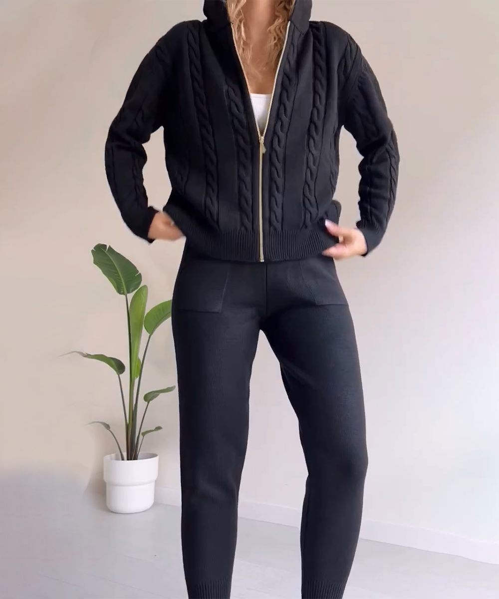 Dagny Cable-Knit Set with Zip Jacket and Tapered Pants - Black