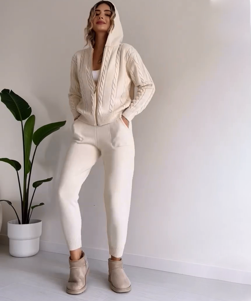 Dagny Cable-Knit Set with Zip Jacket and Tapered Pants - Beige