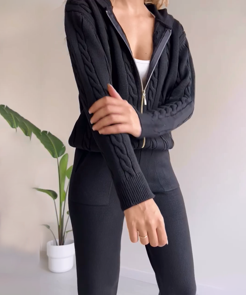Dagny Cable-Knit Set with Zip Jacket and Tapered Pants