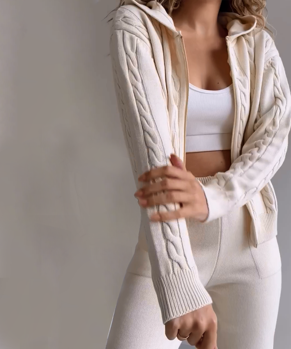 Dagny Cable-Knit Set with Zip Jacket and Tapered Pants