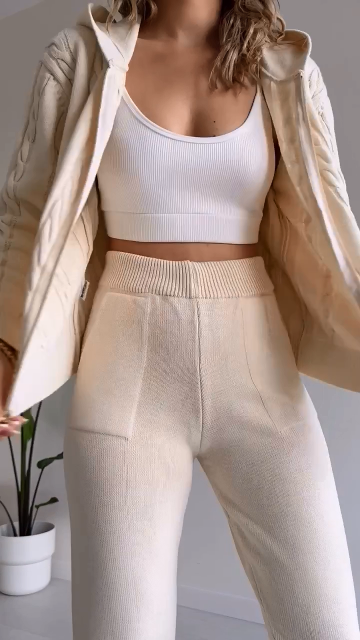 Dagny Cable-Knit Set with Zip Jacket and Tapered Pants