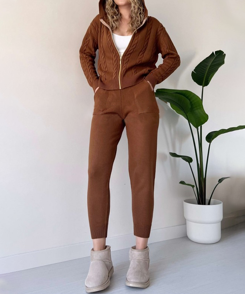 Dagny Cable-Knit Set with Zip Jacket and Tapered Pants - Brown