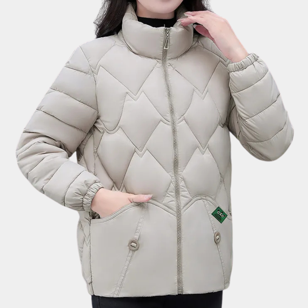 Deandra Quilted Puffer Jacket with Stand Collar - Light Gray