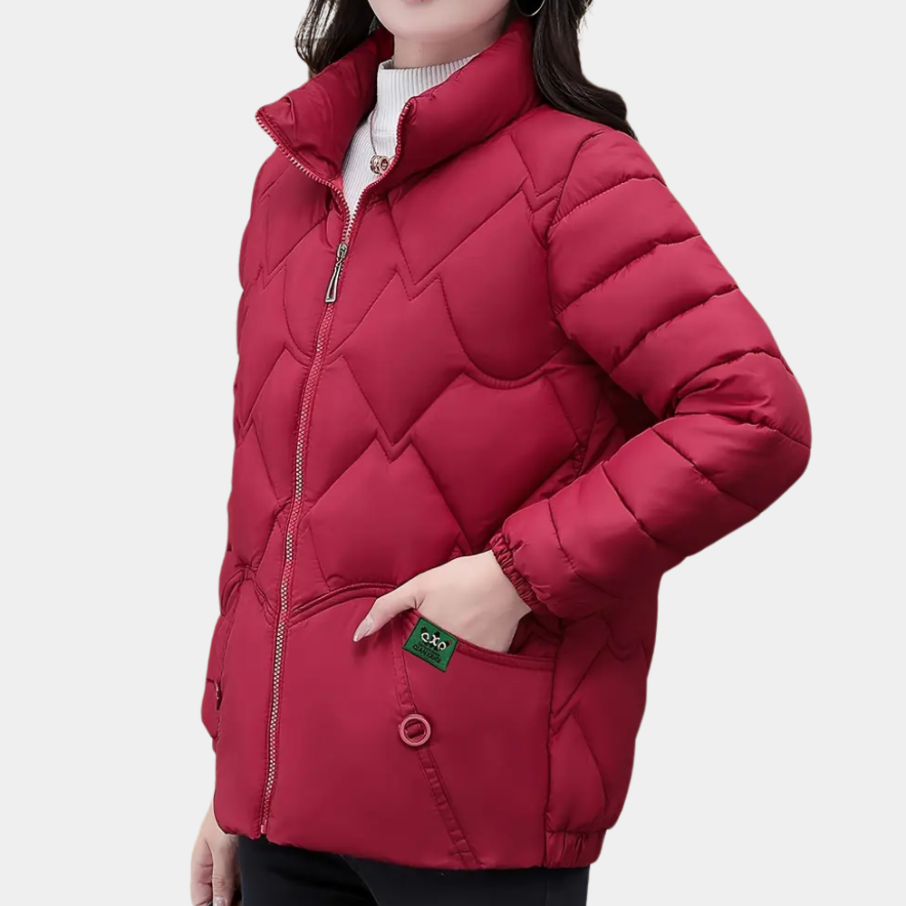Deandra Quilted Puffer Jacket with Stand Collar - Red