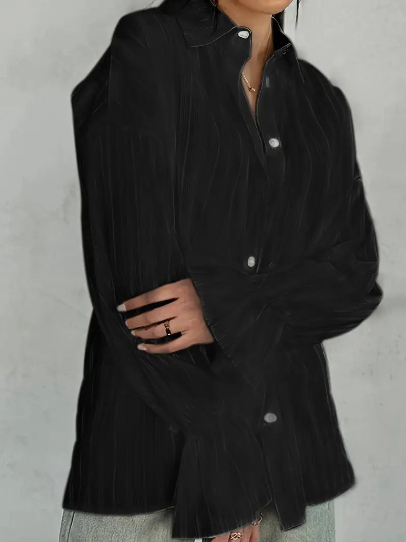 Delilah Striped Satin Blouse with Button Front - Black