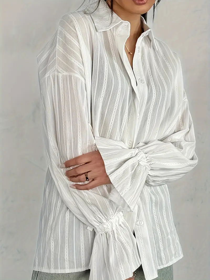Delilah Striped Satin Blouse with Button Front - White