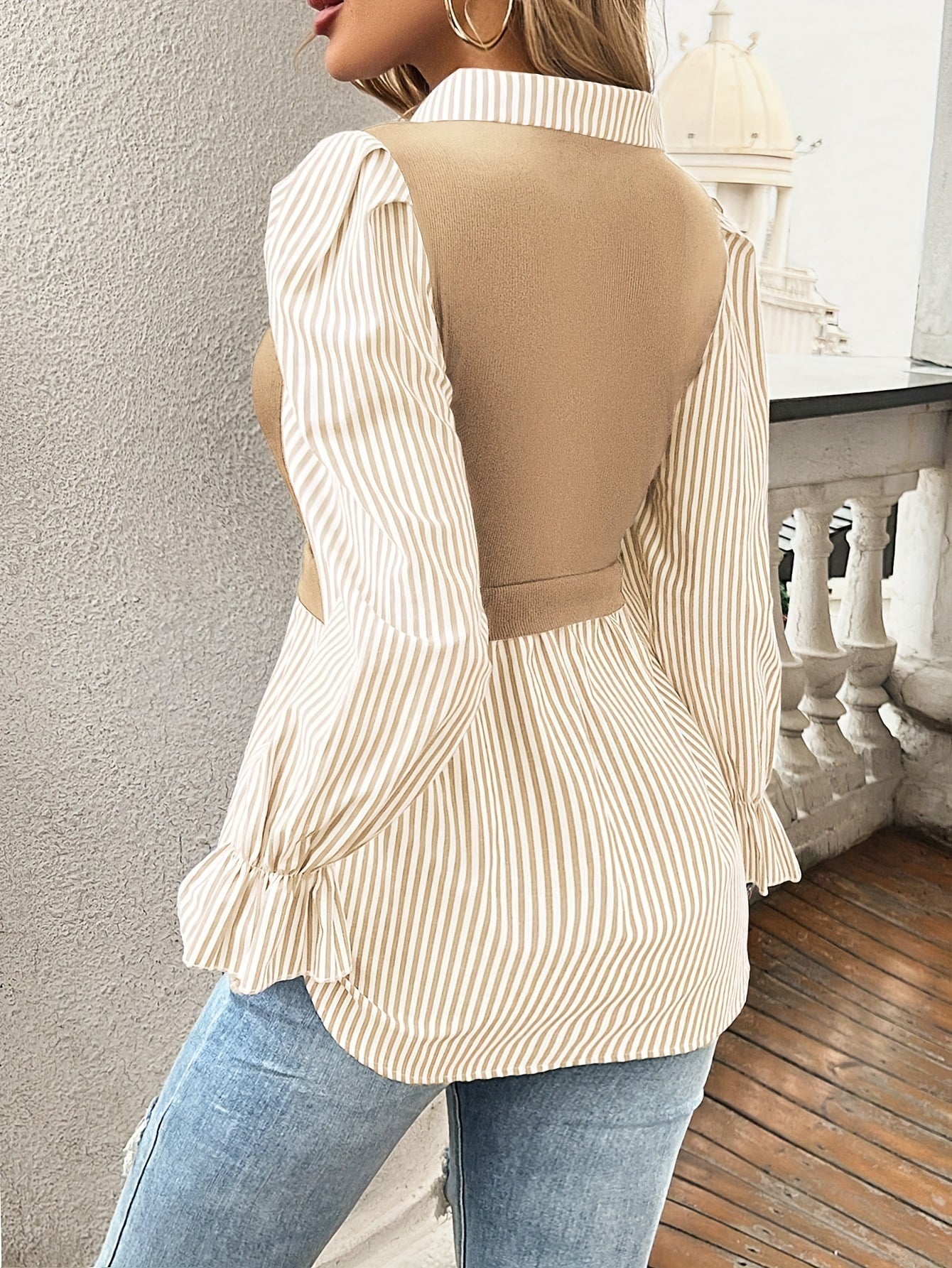 Delphine Striped Blouse with Contrast Knit Bodice