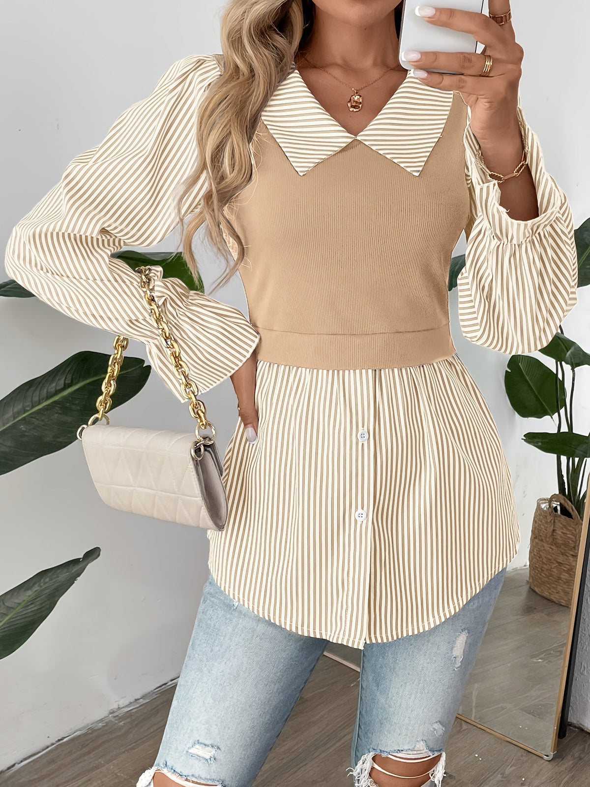 Delphine Striped Blouse with Contrast Knit Bodice