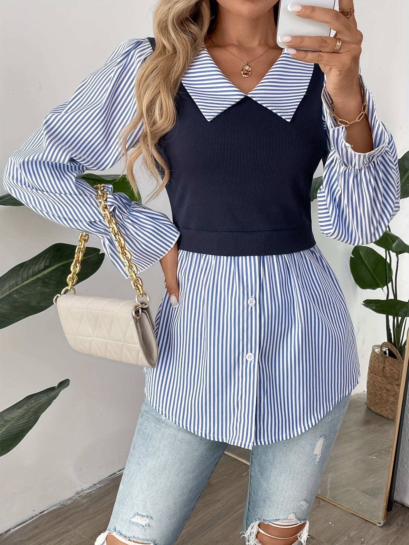 Delphine Striped Blouse with Contrast Knit Bodice