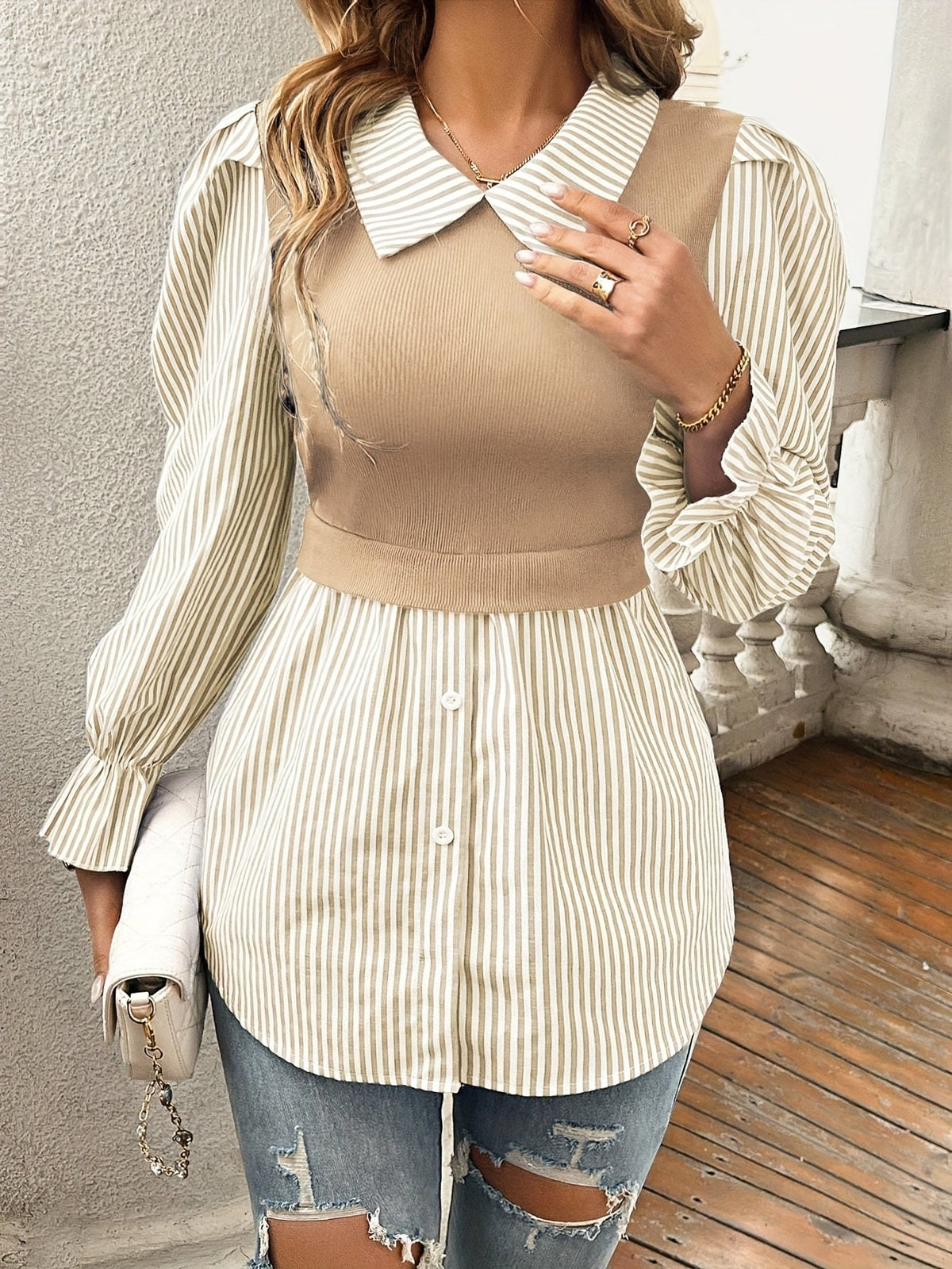 Delphine Striped Blouse with Contrast Knit Bodice