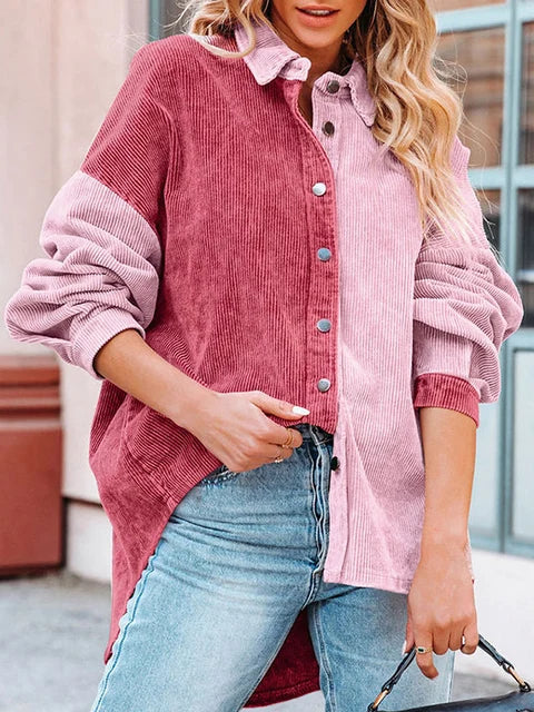 Edna Two-Tone Corduroy Blouse with Button Front - Red Pink