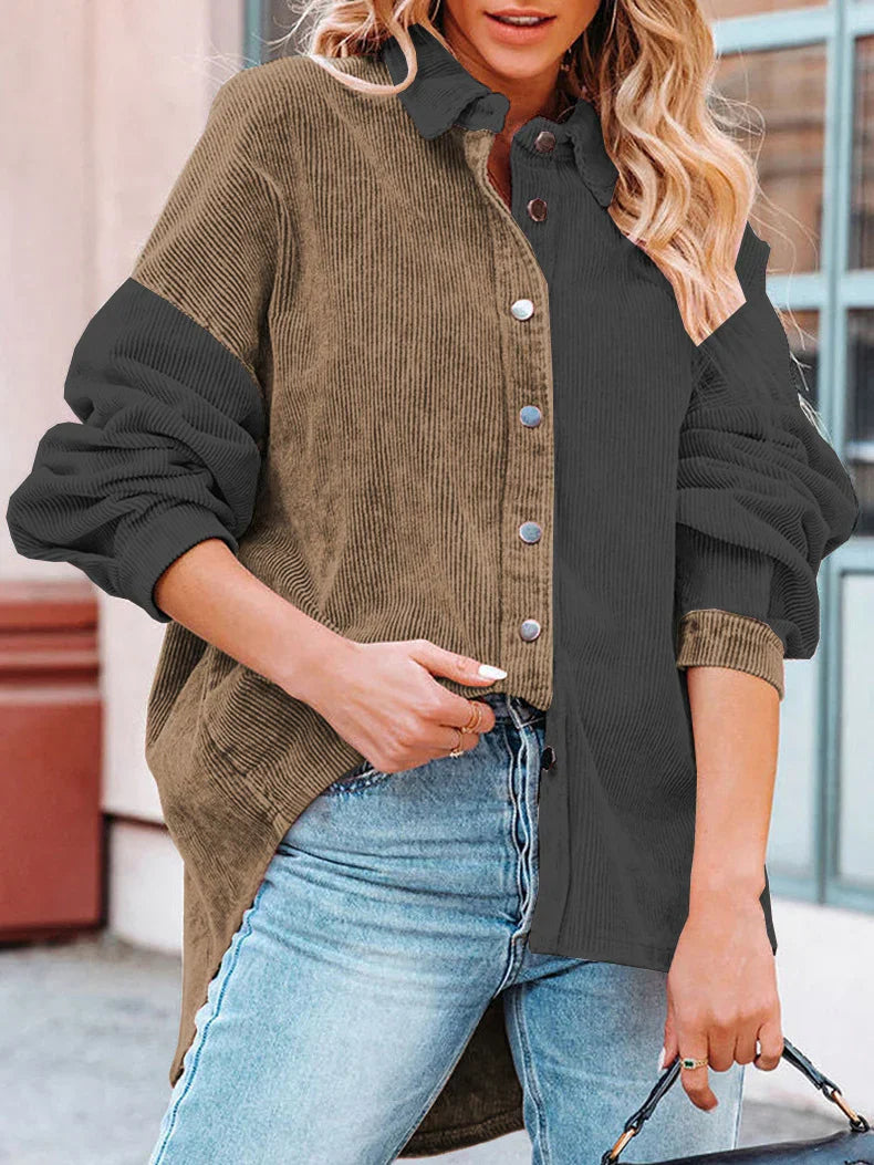 Edna Two-Tone Corduroy Blouse with Button Front