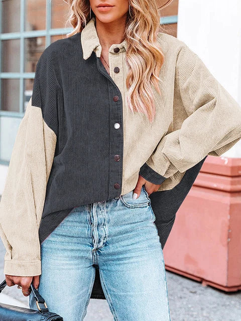 Edna Two-Tone Corduroy Blouse with Button Front - Gray Apricot