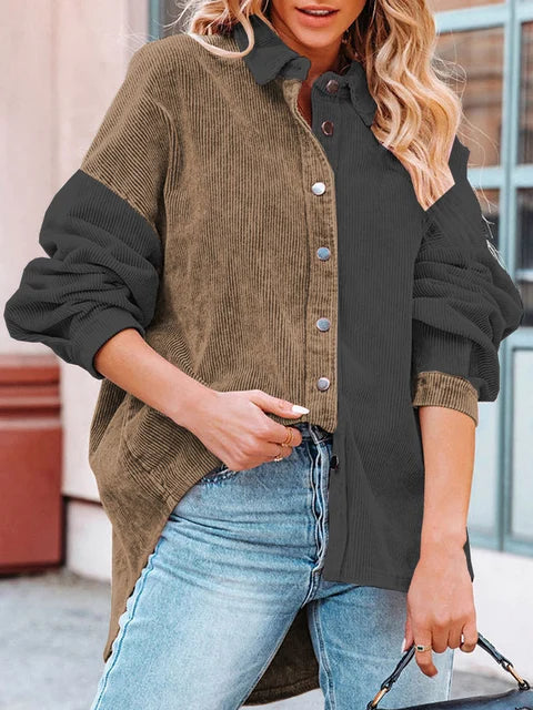 Edna Two-Tone Corduroy Blouse with Button Front - Brown Black