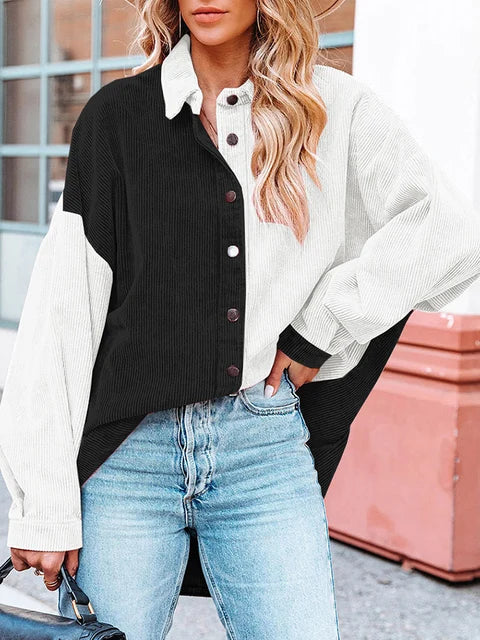 Edna Two-Tone Corduroy Blouse with Button Front - Black & White