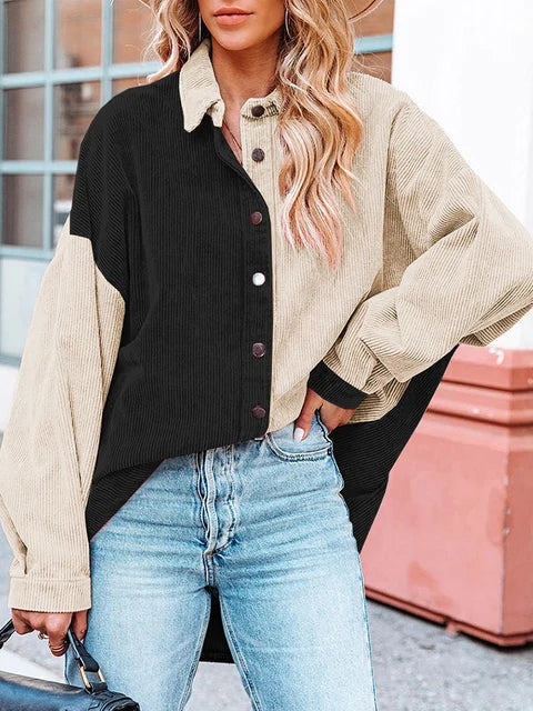 Edna Two-Tone Corduroy Blouse with Button Front - Black Apricot