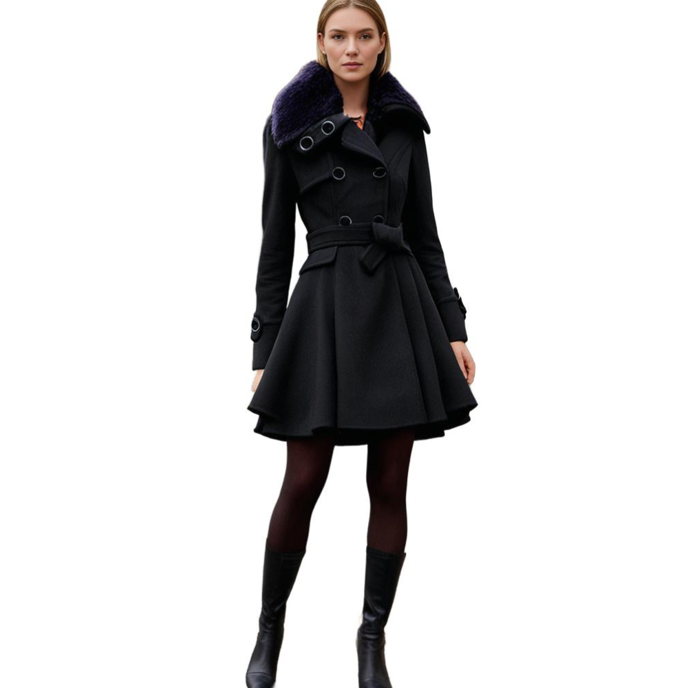 Eliza Double-Breasted Coat with Bow Belt and Flared Hem