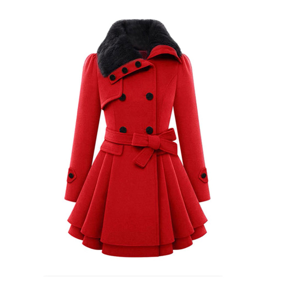 Eliza Double-Breasted Coat with Bow Belt and Flared Hem - Red