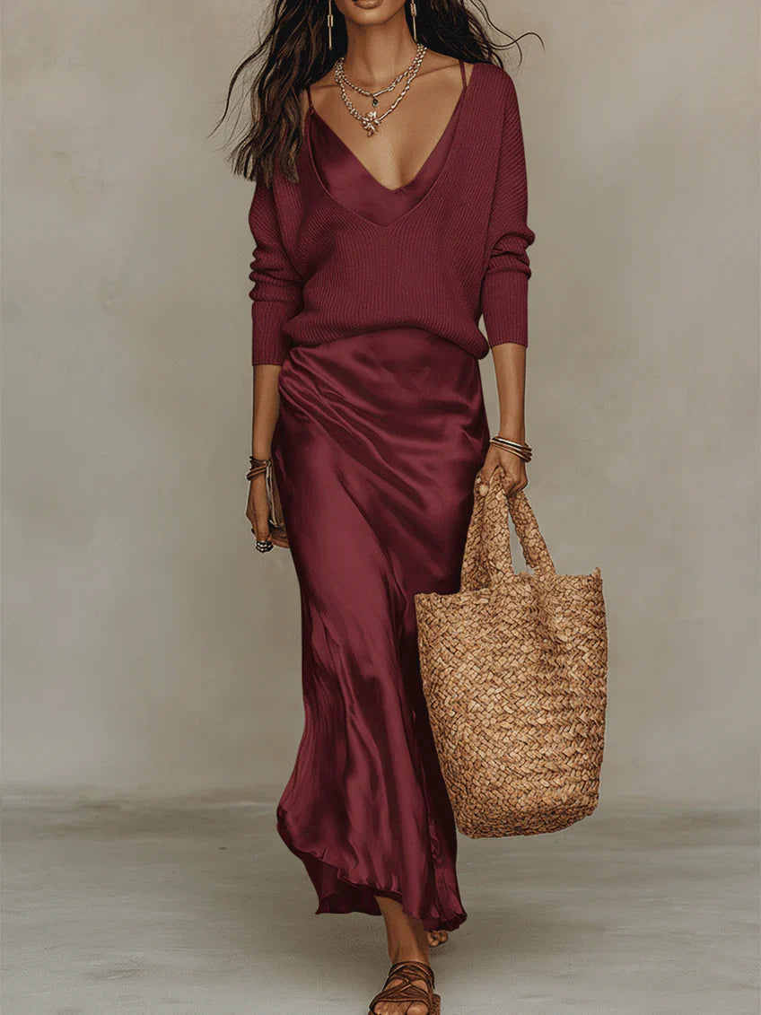 Elsa Two-Piece Set with V-Neck Sweater and Satin Skirt - Red