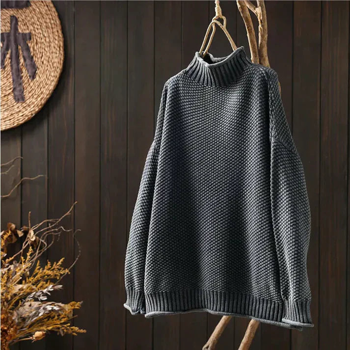 Emma Chunky Knit Sweater with High Turtleneck for Women - Gray