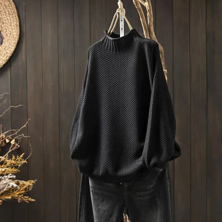 Emma Chunky Knit Sweater with High Turtleneck for Women - Black